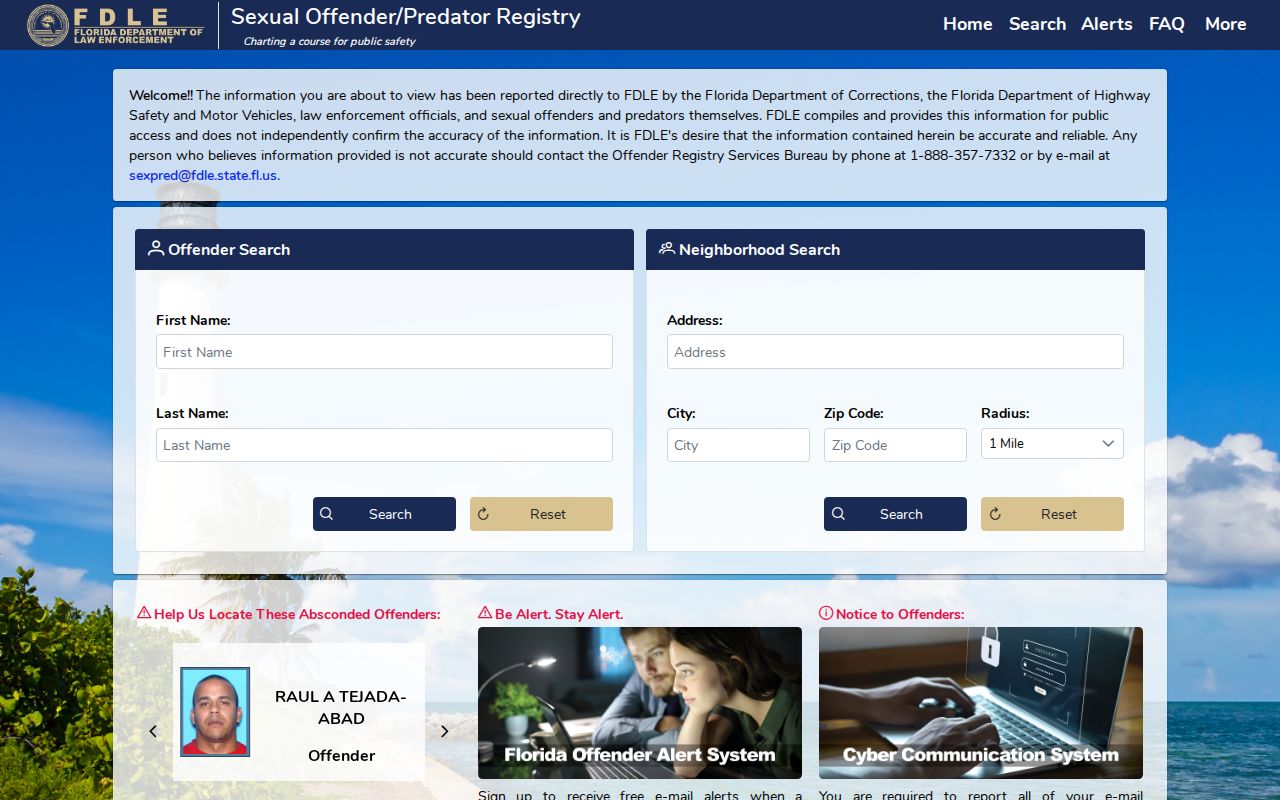 FDLE official offender and predator geographic search for Volusia County