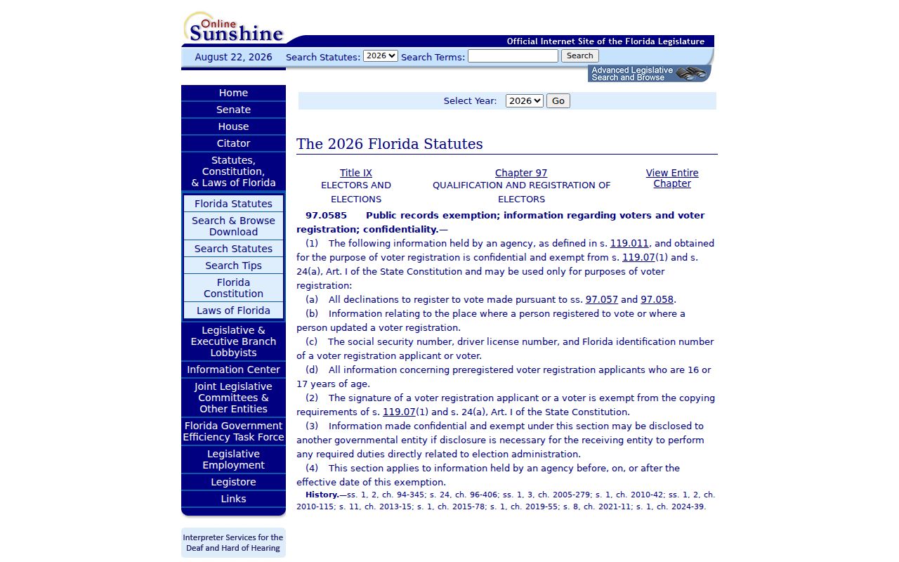 Florida Statute 97.0585 voter registration confidentiality provisions