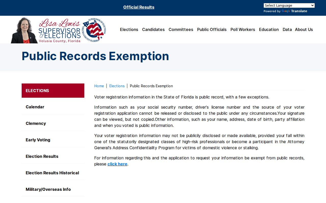 Volusia Elections public records exemption information for protected voter addresses