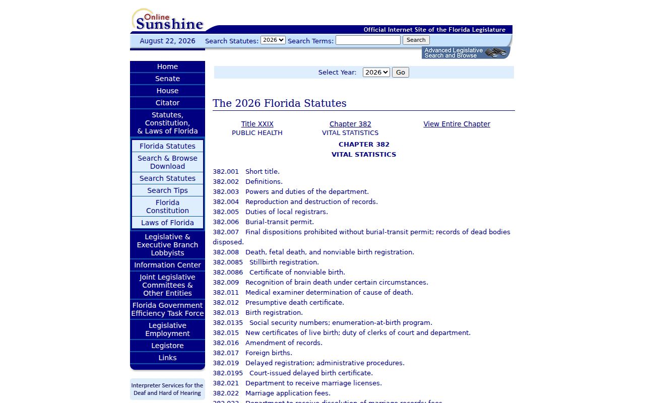 Volusia County previous residents Florida vital records law