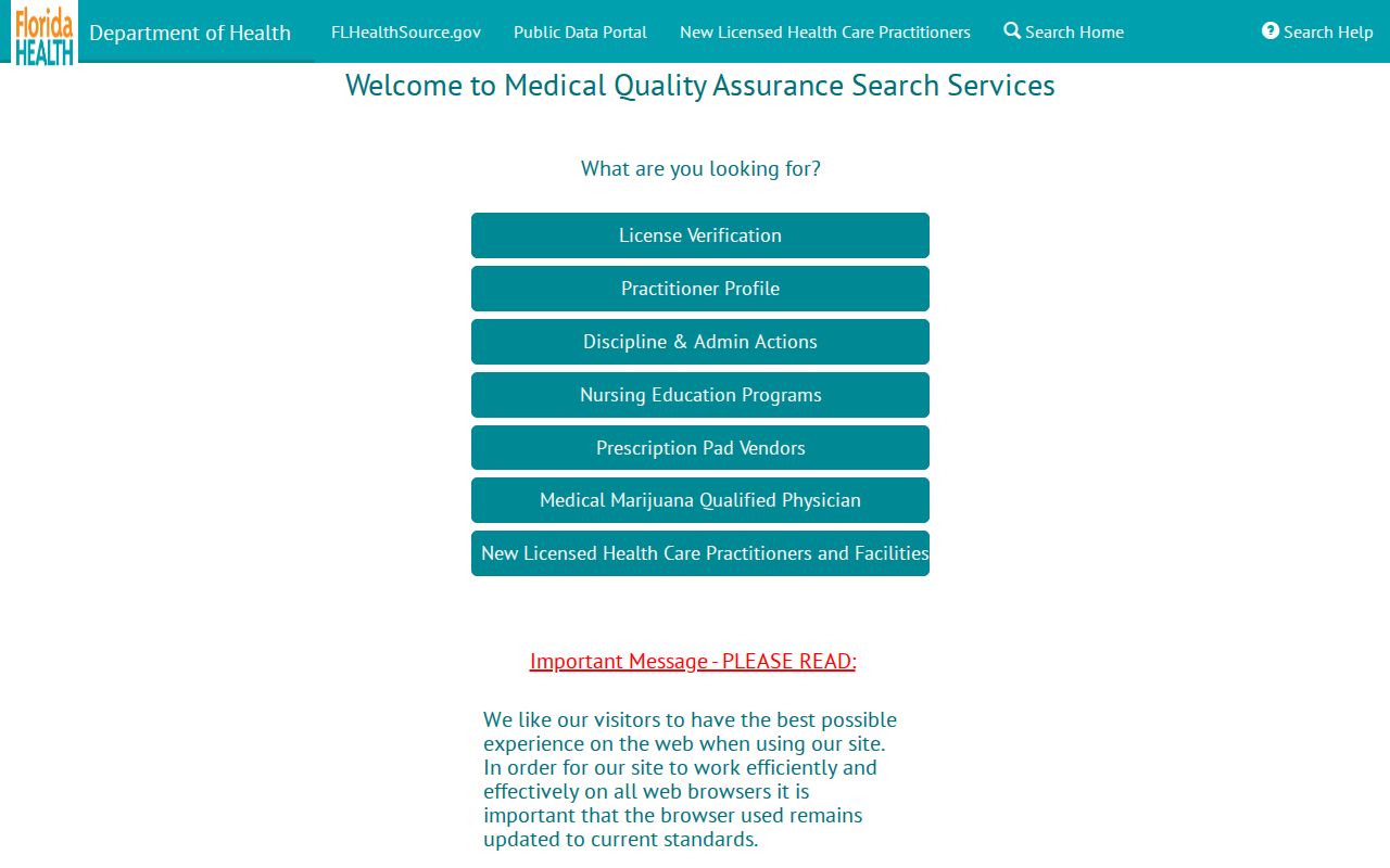 Florida MQA health license search for a Volusia County resident lookup