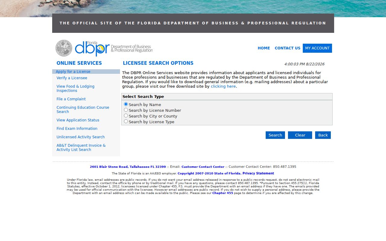 DBPR professional license search for a Volusia County resident lookup